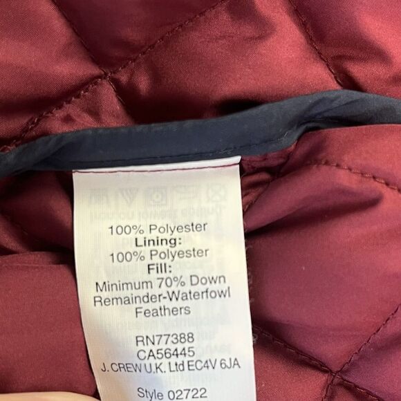 J Crew Quilted Barn Down Field Jacket XS Burgundy Chore Corduroy Collar Preppy - Picture 13 of 14